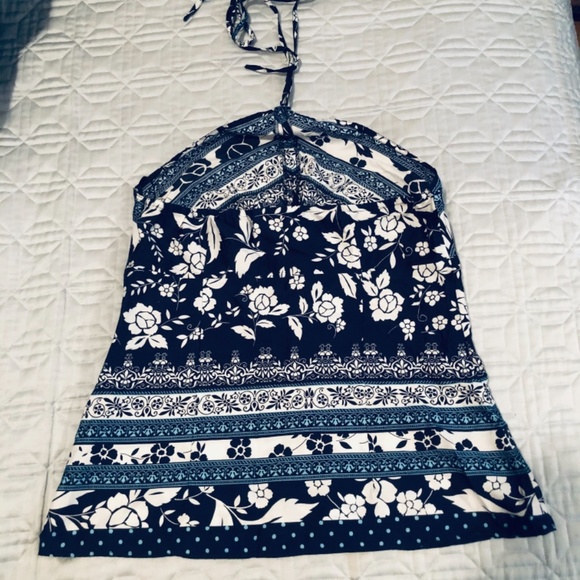 Ann Taylor Loft 100% Cotton Navy-Azure-White Halter Top - Picture 5 of 9